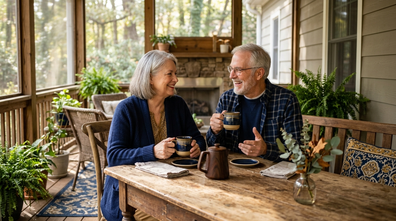 An active North Carolina senior couple enjoying coffee together on a sunlit porch in Greensboro NC.